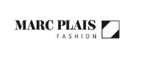 Logo with the text "MARC PLAIS FASHION" in black, followed by a black square with a diagonal line inside it.